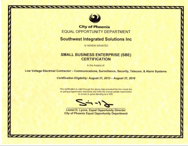 fire alarm phoenix az small business enterprise (SBE) Certification in the areas of Low Voltage Electrical Contractor: Communications, Surveillance, Security, Telecom & Alarm Systems