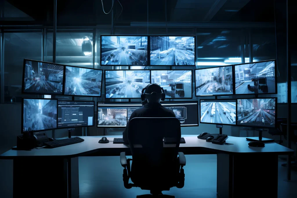 Security officer performing CCTV monitoring from a control room with multiple surveillance screens displaying live footage