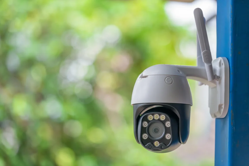 Outdoor dome wireless surveillance camera mounted on a blue pole with a green garden background