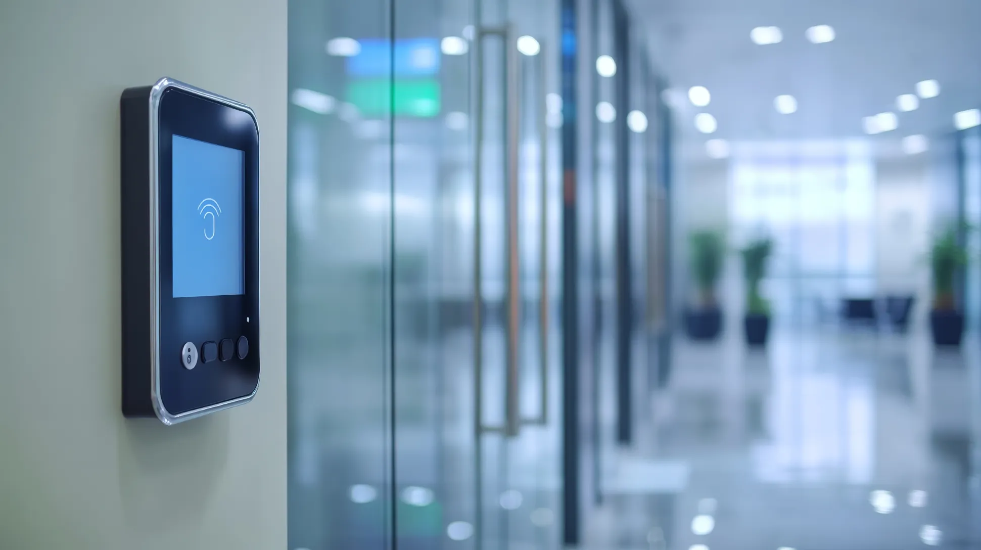 Wall-mounted access control system with a digital keypad securing the entrance of a modern office building