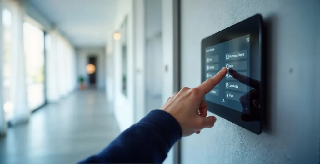 Person using a touchscreen access control system panel mounted on a wall in a modern home hallway