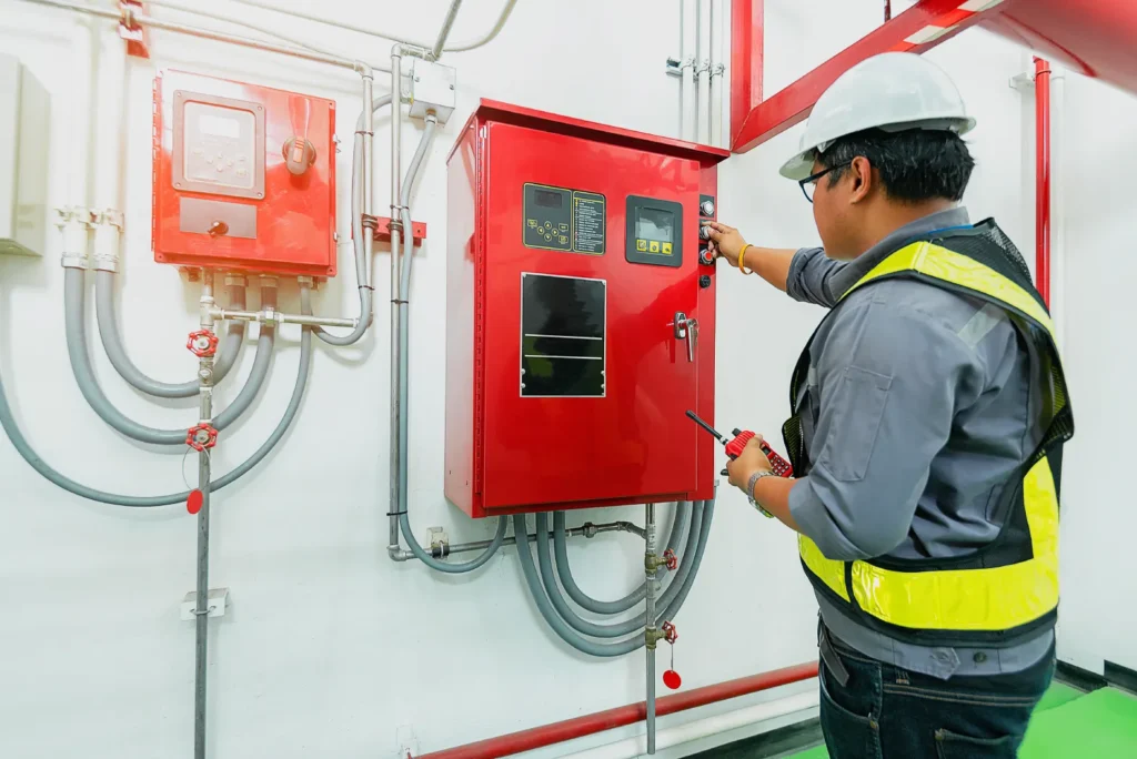 Technician inspecting a red control panel connected to fire protection systems in an industrial facility
