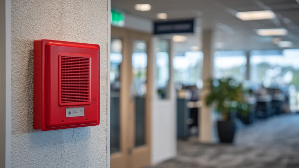 Fire alarm system requirements for Arizona businesses shown via a red wall-mounted alarm in a modern office