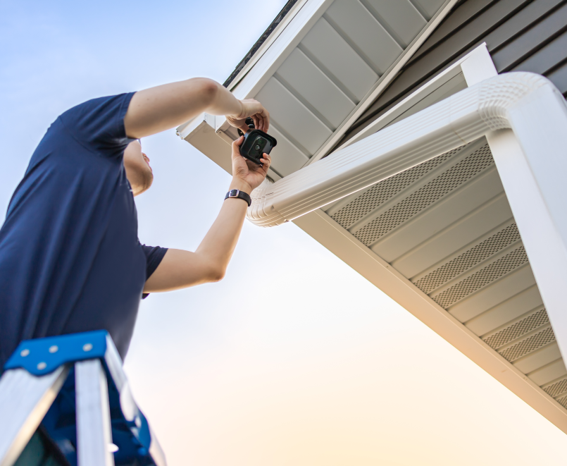 Technician on Ladder Installing Wireless Security Camera Underneath a Roof for House