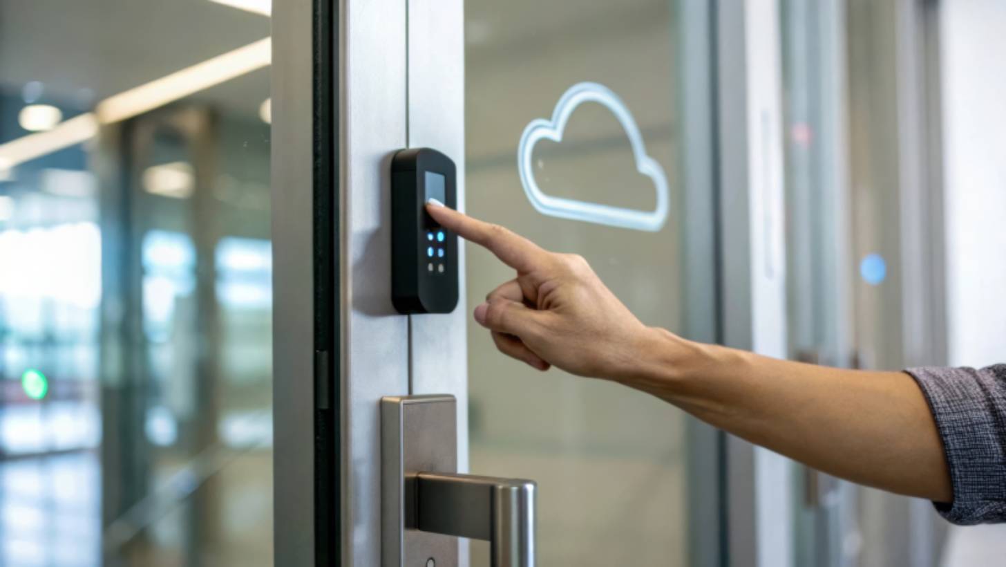 Hand using a digital keypad access control system to unlock a secure entrance door.