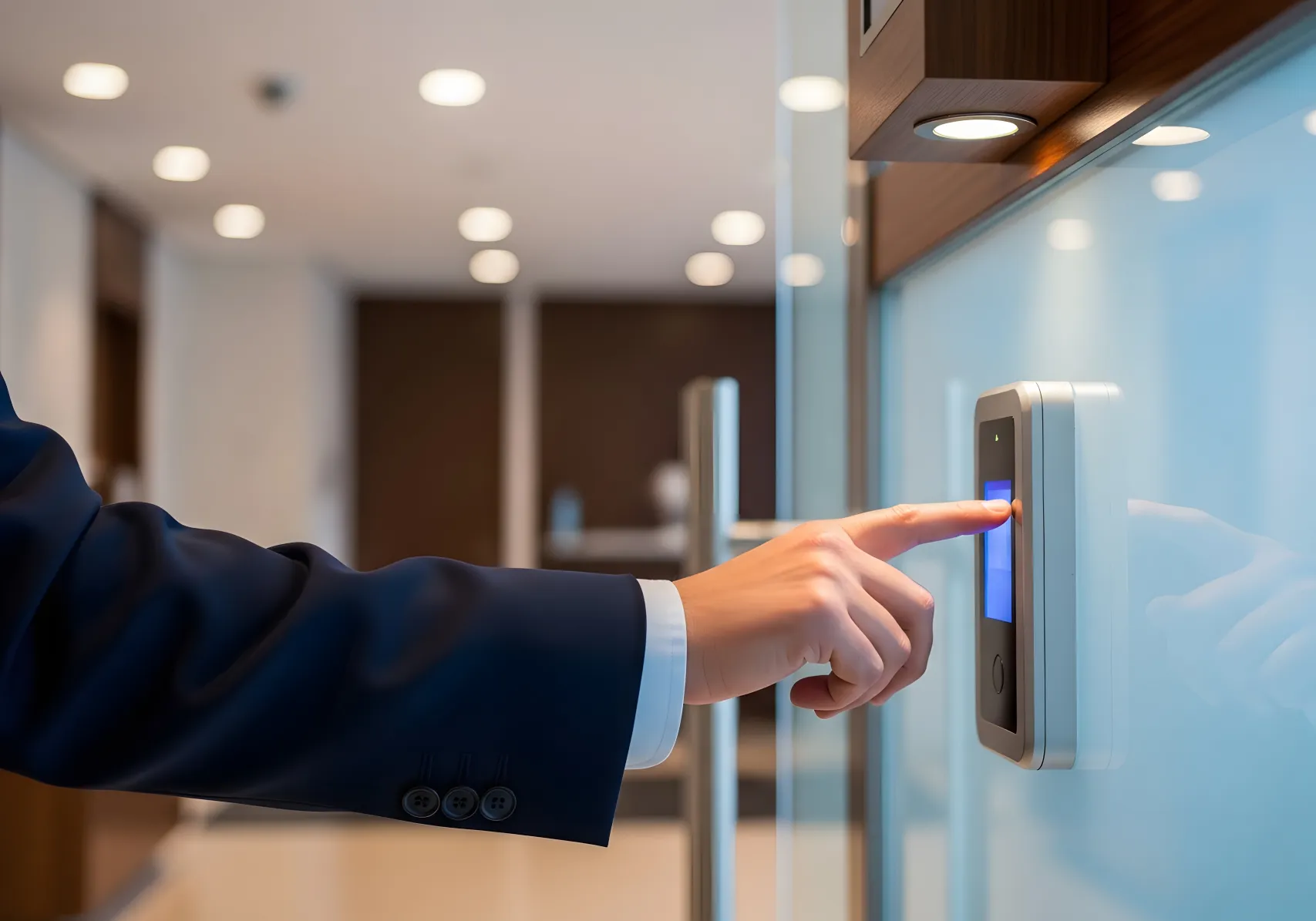 A professional activating an integrated security system in Phoenix at a modern corporate office entrance.