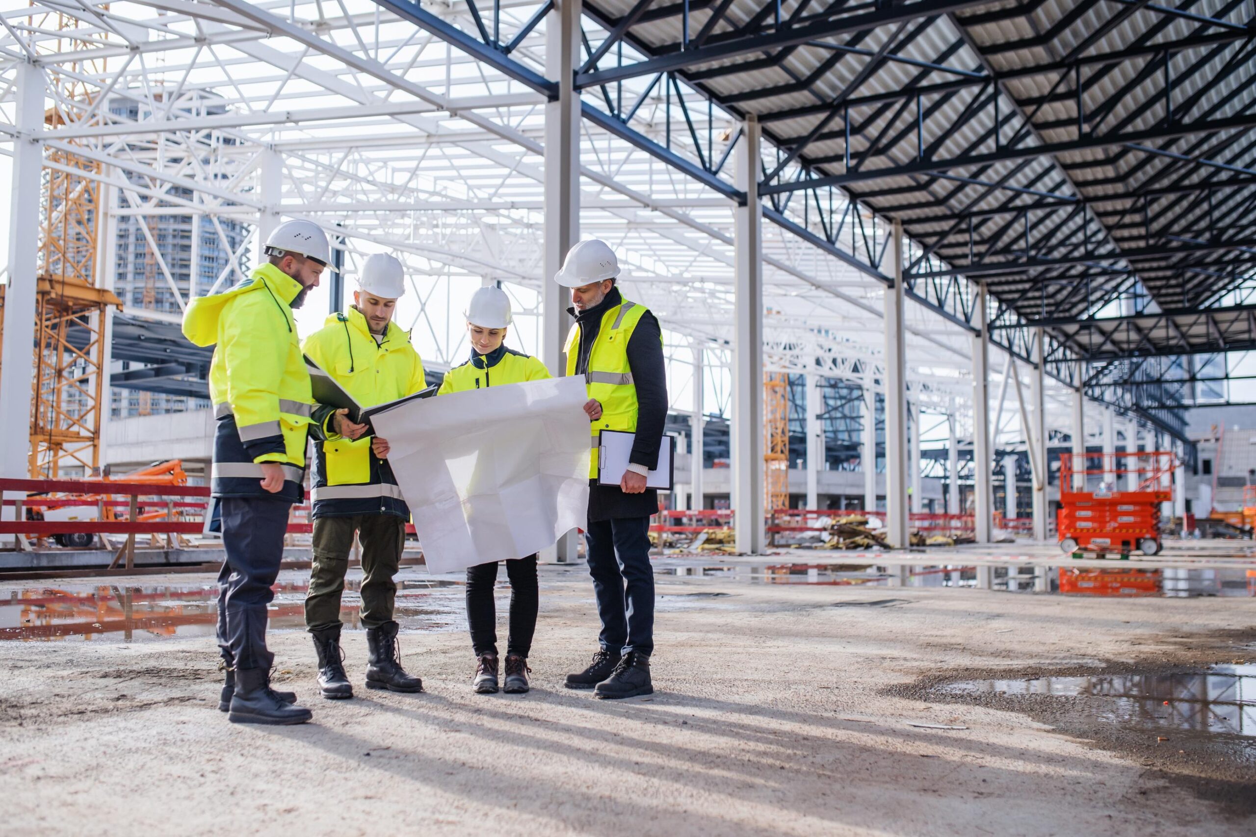 Group of engineers with blueprints standing on construction site.