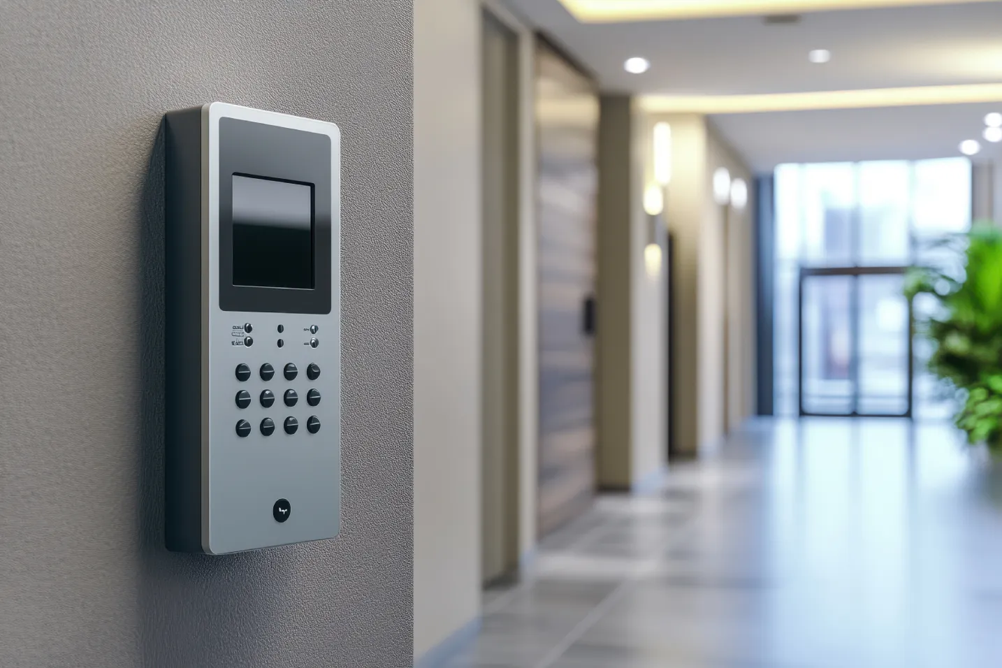 Arizona Intercom Systems wall-mounted video intercom keypad with display screen in modern commercial office building hallway