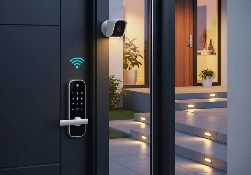 A smart lock with keyless entry and digital keypad integrated security system for modern home protection.