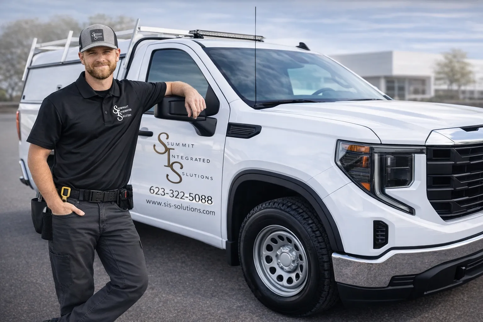 Low voltage technician from Southwest Integrated Solutions standing next to a branded service truck