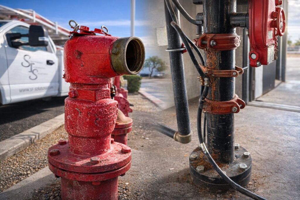 Side-by-side view of an exterior fire hydrant and an interior sprinkler riser pipe at a commercial property.