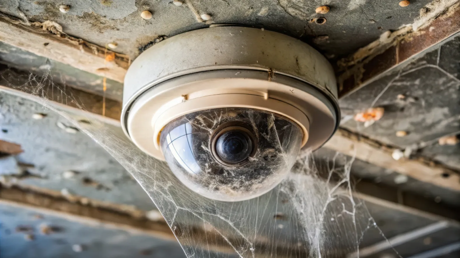 Dusty, cobweb-covered security camera on a deteriorating ceiling, illustrating how neglected equipment can trigger false alarms in home security systems