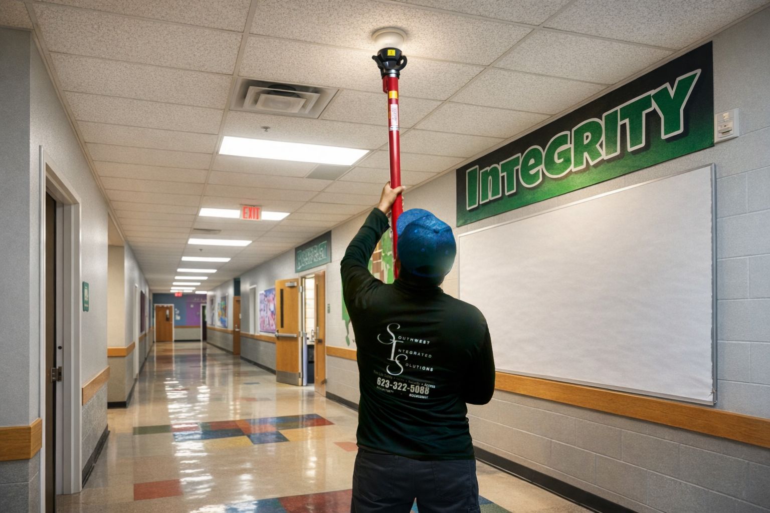 A technician uses an extension pole to test a smoke detector on a school hallway ceiling.