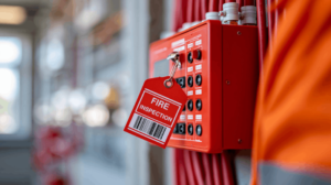 Close-up of a fire alarm control panel with a Fire Alarm Inspection tag attached, indicating the system is being inspected and maintained.