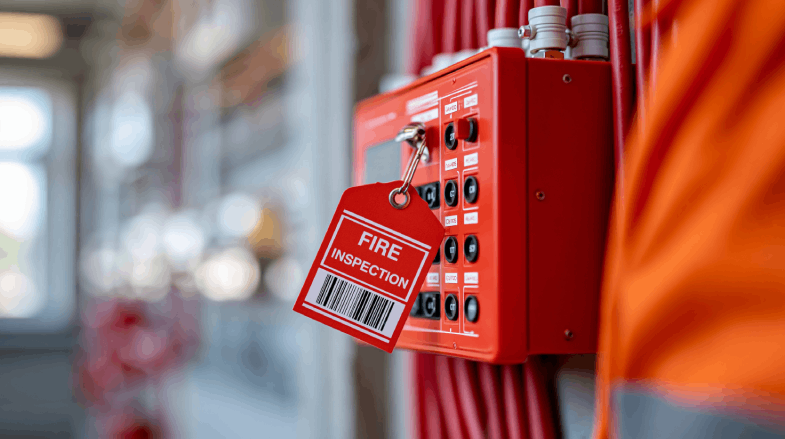 Close-up of a fire alarm control panel with a Fire Alarm Inspection tag attached, indicating the system is being inspected and maintained.