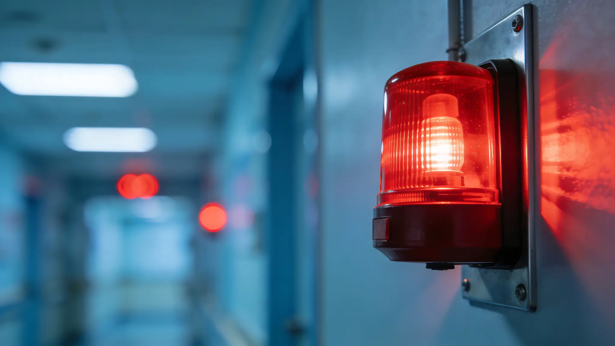 Red fire alarm strobe signaling central station monitoring in a building hallway