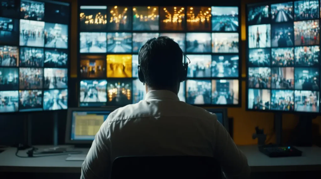 Security operator monitoring live feeds for central station monitoring services