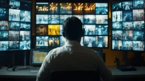 Security operator monitoring live feeds for central station monitoring services
