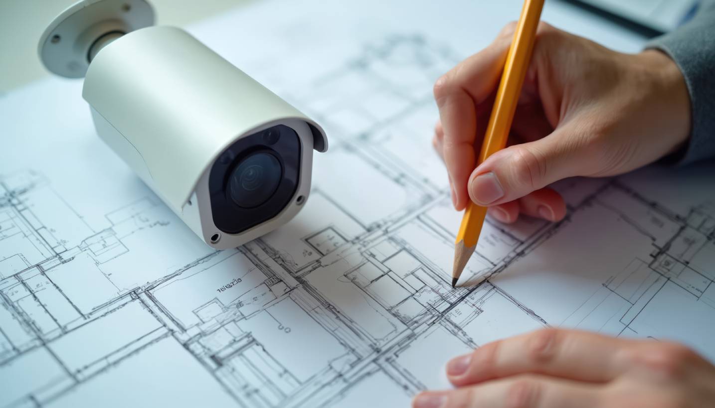 Security designer reviewing a commercial CCTV system design floor plan next to a bullet camera