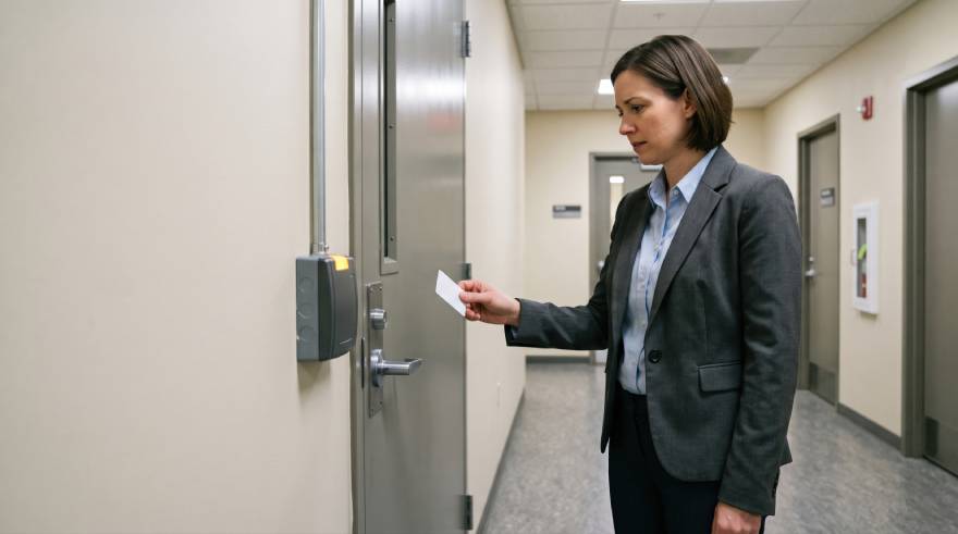 Employee using keycard access control at a school and health facility security systems entry point