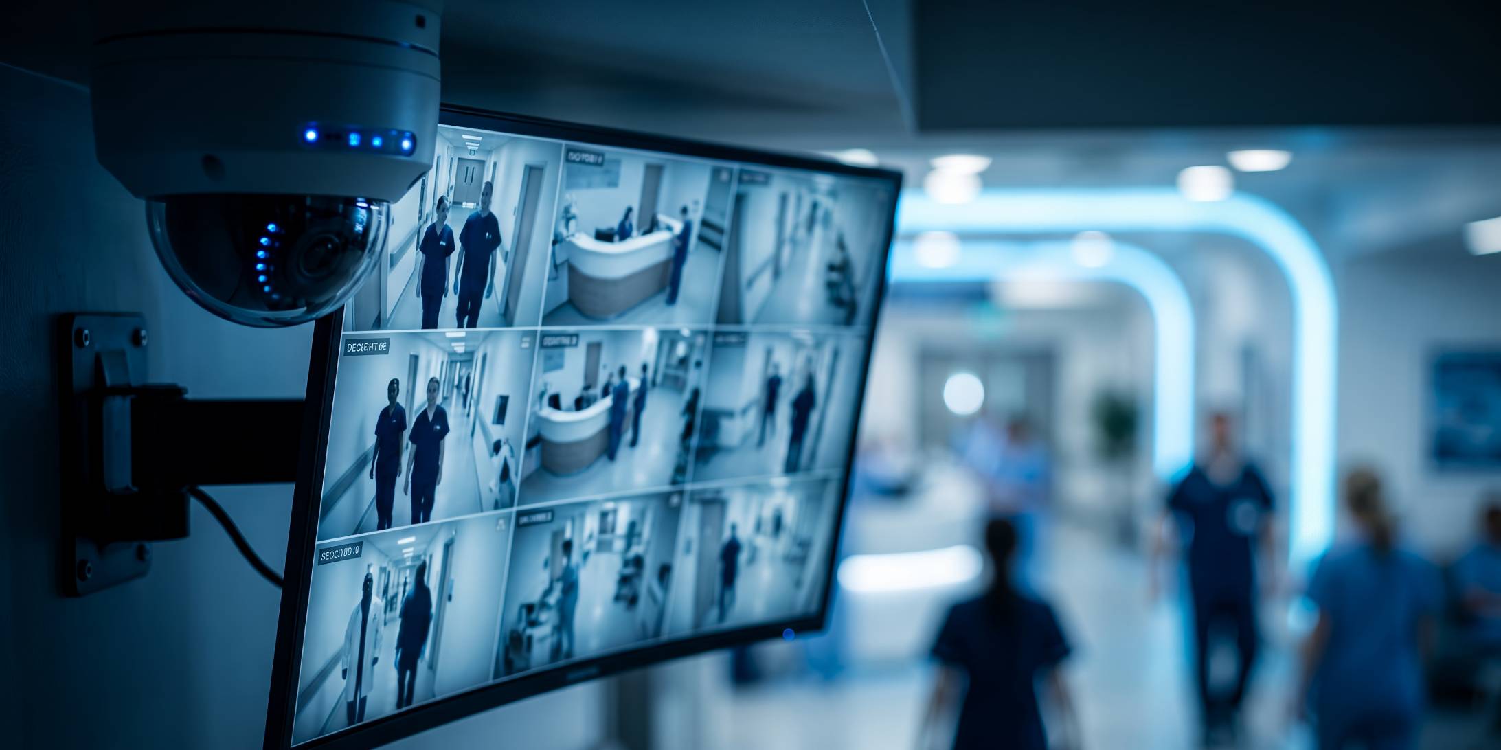 CCTV monitor displaying hospital hallway footage as part of school and health facility security systems